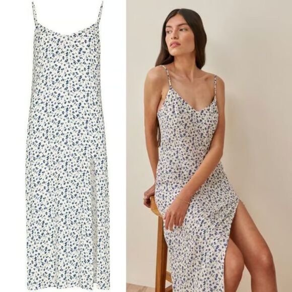 Reformation Crimini Dress Size 12 Blue Cream Floral - Picture 4 of 11